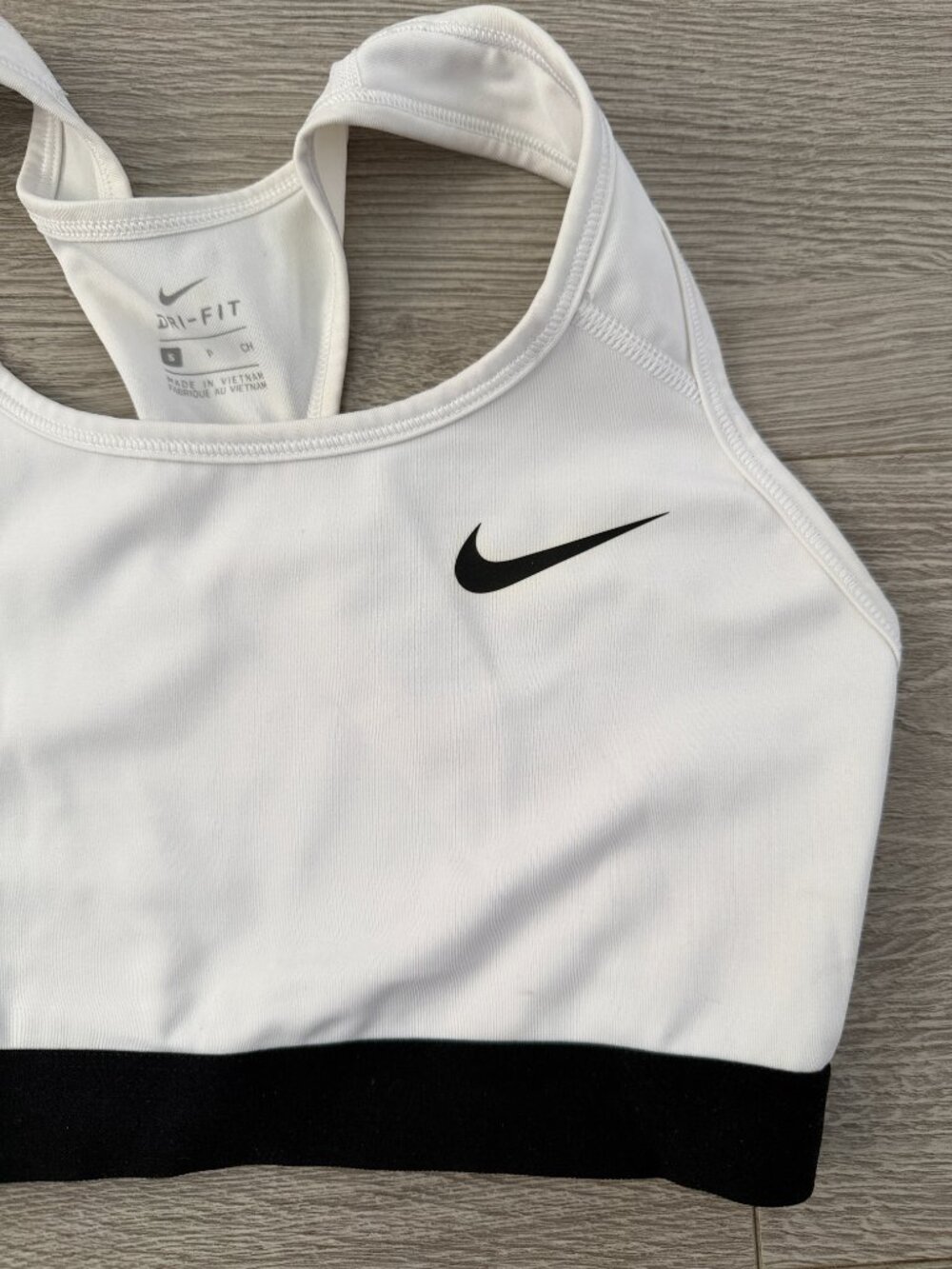 Nike Dri FIT Sports Bra Womens Small White Black Racerback Workout - Picture 2 of 6
